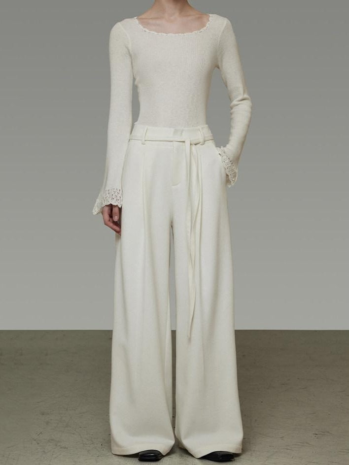 unspoken High Waist Drawstring Minimalist Breathable White Women Wide Leg Pants