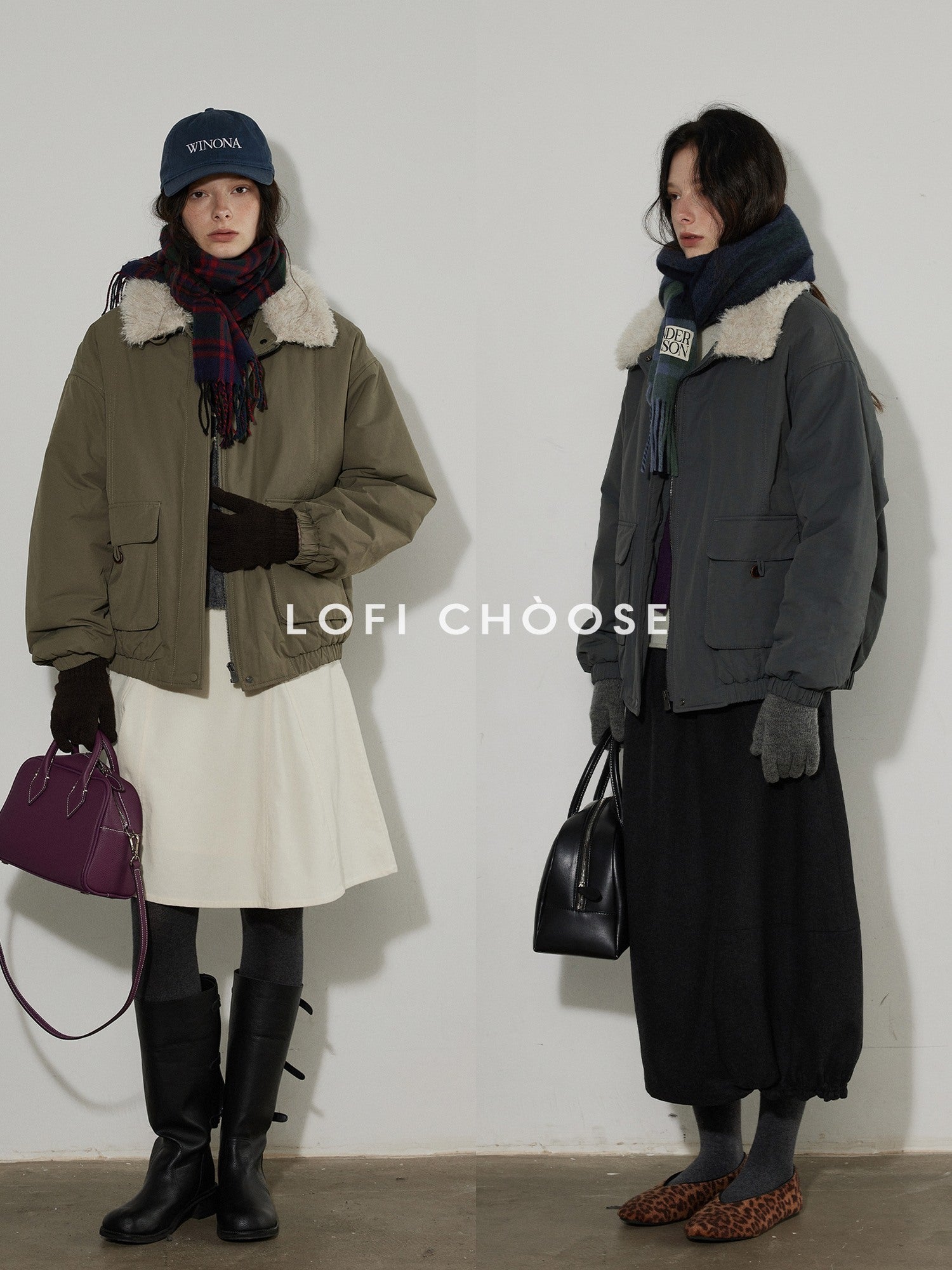 Lofi choose Warm Thick Loose Fit Commuter Zipper Long Sleeve Green Haze Gray Bomber Jackets