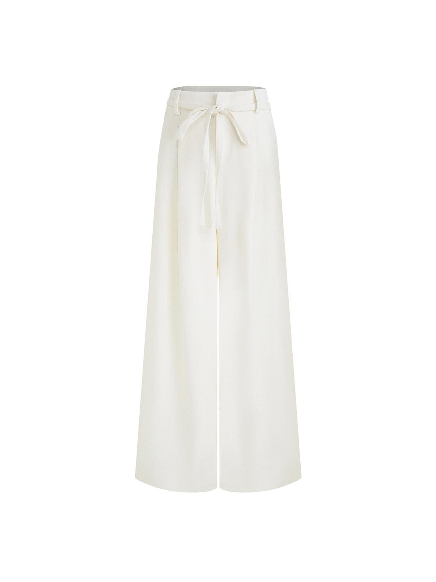 unspoken High Waist Drawstring Minimalist Breathable White Women Wide Leg Pants