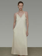 unspoken Embroidered Tencel A Line Cami V-neck Natural Waist Office White Maxi Dresses