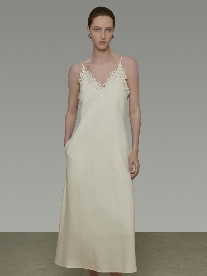 unspoken Embroidered Tencel A Line Cami V-neck Natural Waist Office White Maxi Dresses