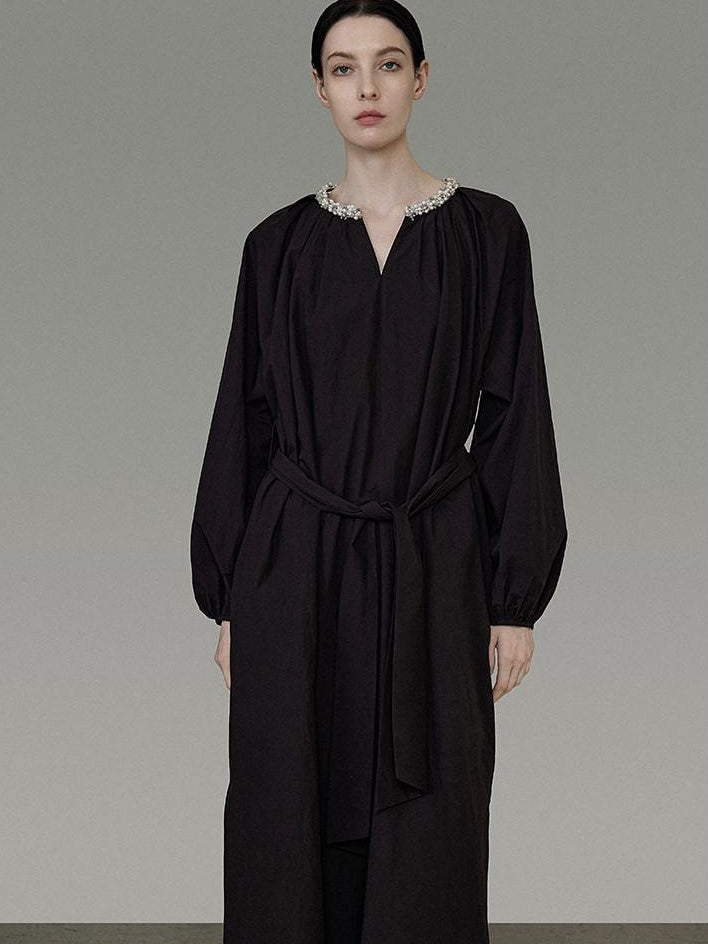 unspoken Cotton Loose Waist Minimalist V-neck Long Sleeve Casual Black Maxi Dresses