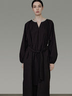 unspoken Cotton Loose Waist Minimalist V-neck Long Sleeve Casual Black Maxi Dresses