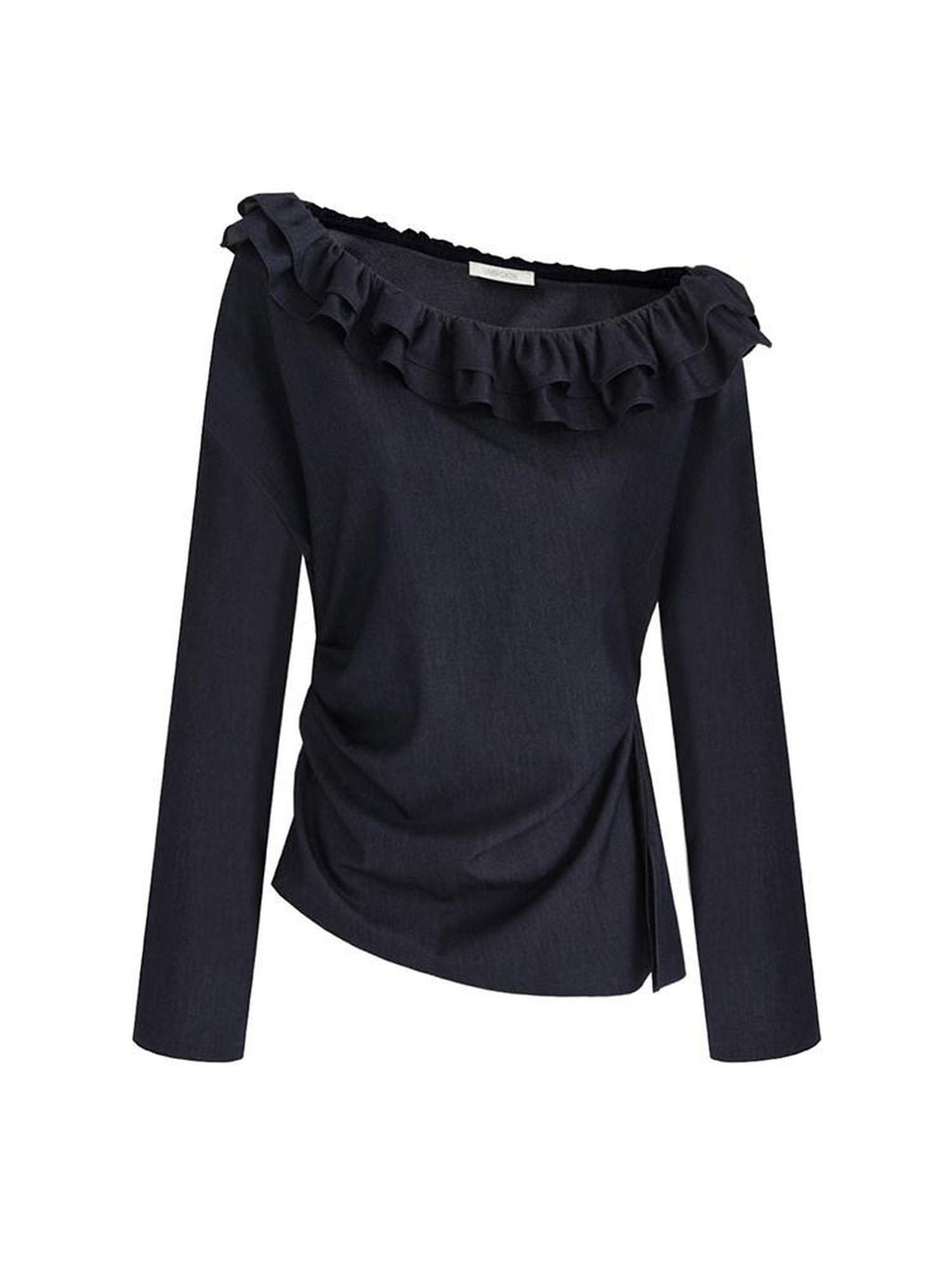 unspoken Warm Slanted Collar Loose Fit Long Sleeve Office Dark Blue Polyester Blouses