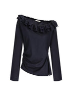 unspoken Warm Slanted Collar Loose Fit Long Sleeve Office Dark Blue Polyester Blouses