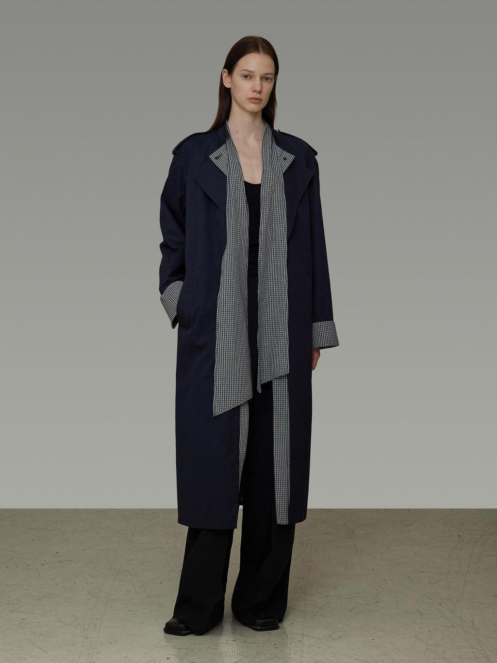 unspoken Minimal Navy Plaid Single Breasted Midlength Relaxed Women Trench Coats