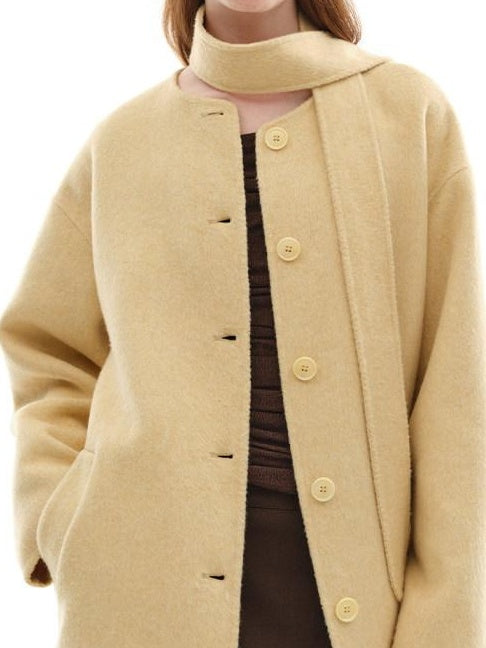 someone sometimes Minimalist Belted Roundneck Single Breasted 50 Percent Wool Yellow Wool Coats