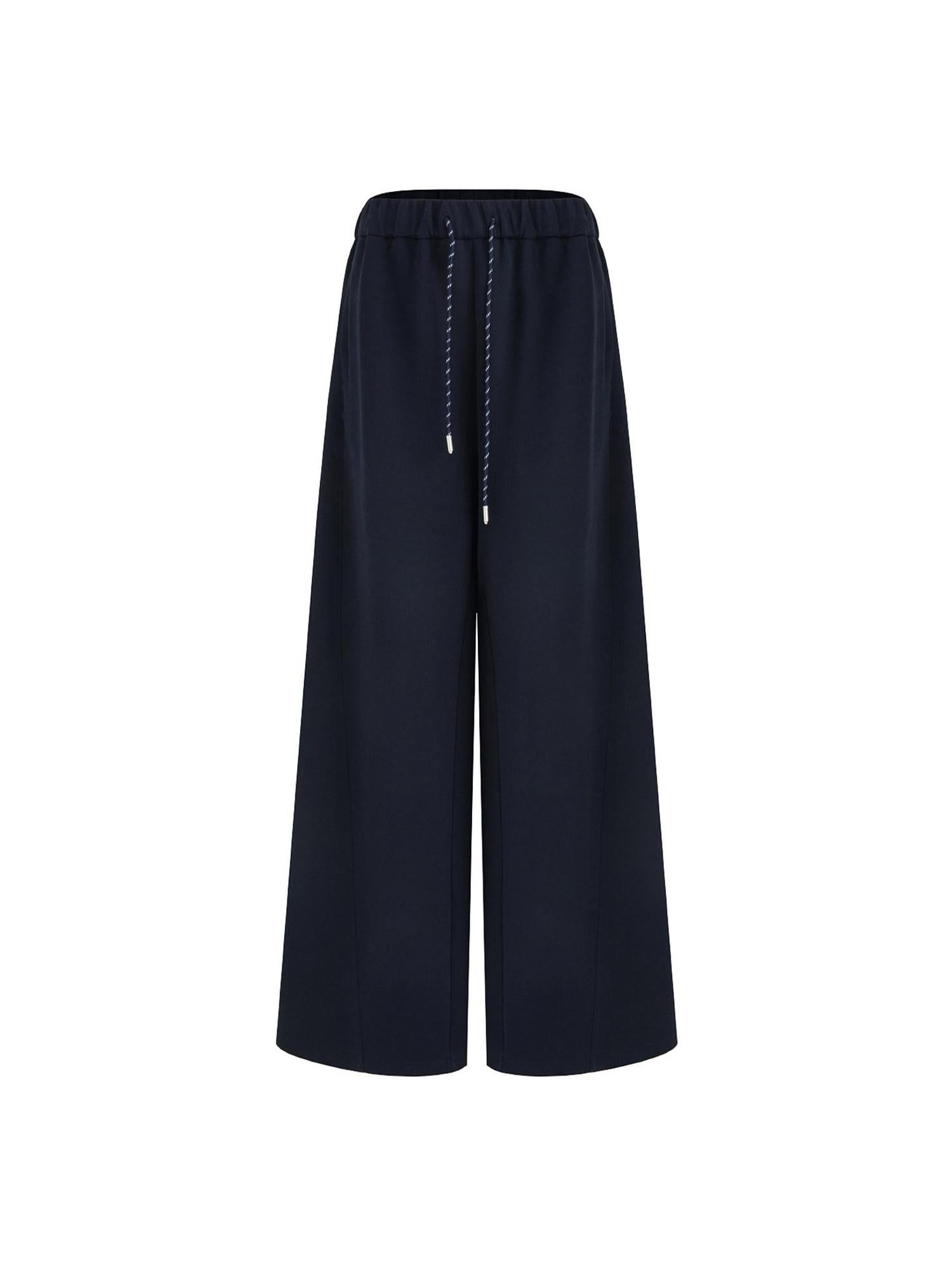 unspoken Breathable Soft Cotton Minimal Mid Rise Drawstring Navy Women Wide Leg Pants