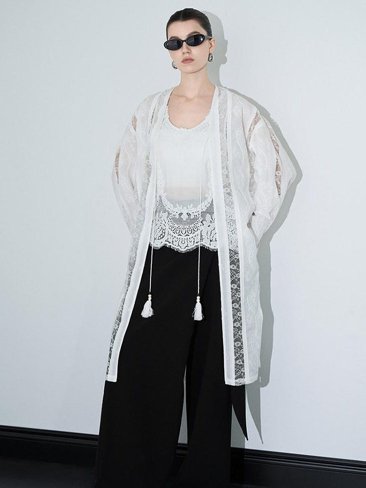 audreyyang Lightweight Breathable Loose Fringe Mid Length Women Cotton Solid Cardigans