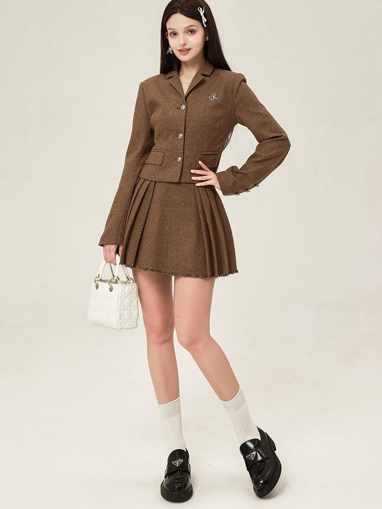 ikyou Tassel Button Slim Fit Square Neck Long Sleeve Work Gray Brown Top & Skirt Sets