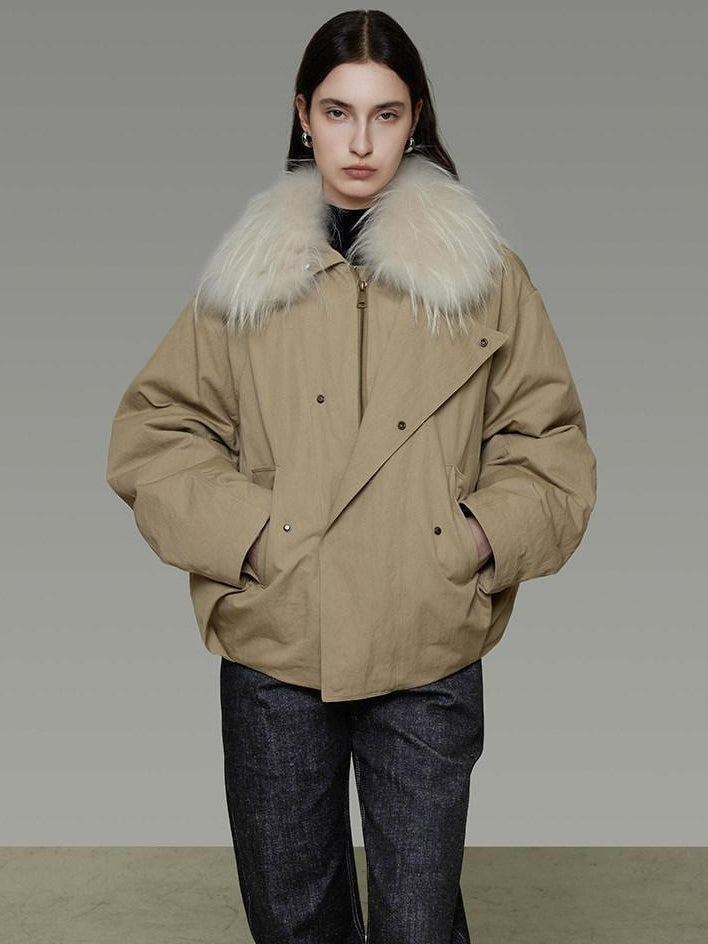 unspoken 90% White Duck Down Fur Collar Loose Commuter Khaki Zip Lapel Down Jackets