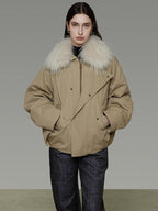 unspoken 90% White Duck Down Fur Collar Loose Commuter Khaki Zip Lapel Down Jackets