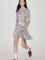 fano Plaid Korean Workwear A Line Natural Waist Mid Sleeve Khaki Midi Dresses