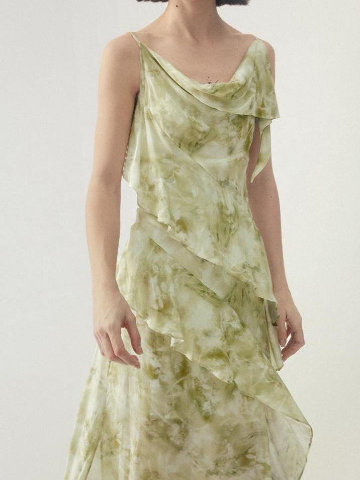 someone sometimes Viscose Asymmetric Ruffle Hem Cinched Waist Aline Lake Green Maxi Dresses