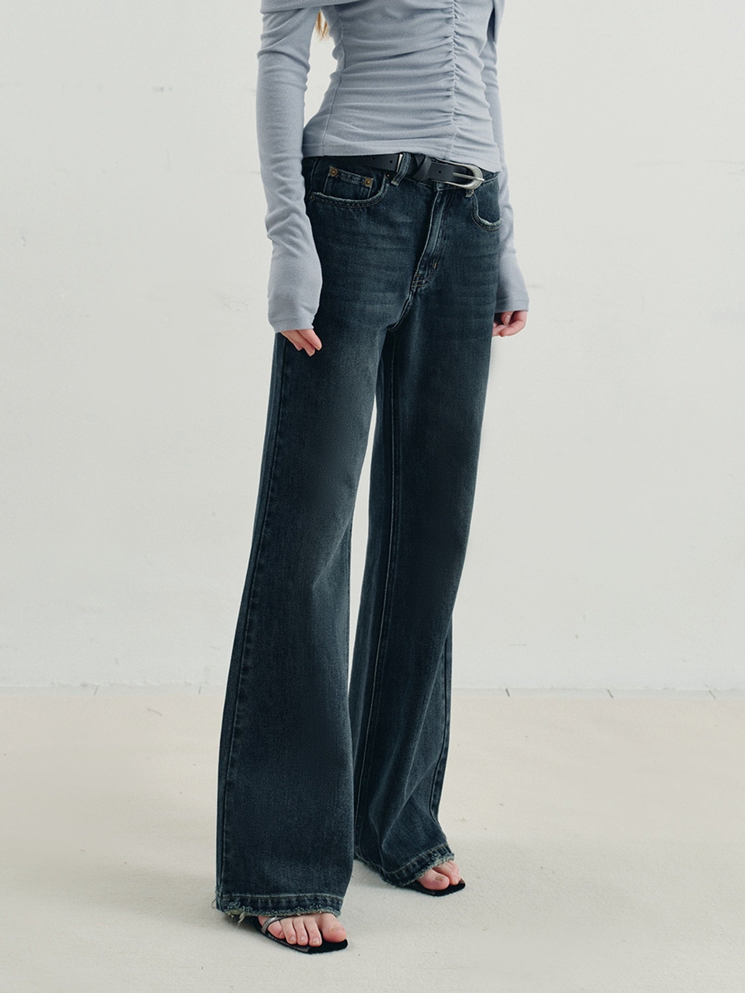 someonesometimes Vintage Washed Low Rise Distressed Denim Stretch Women Deep Indigo Flared Jeans