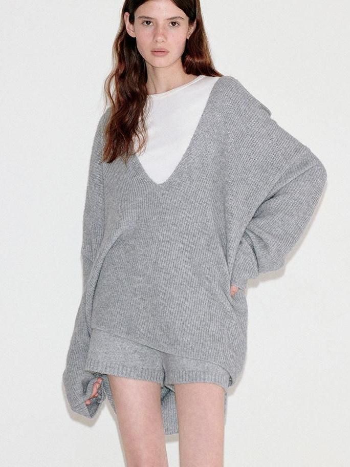 fano Light Heather Gray V-neck Knit Loose Casual Women Top & Shorts Sets