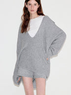 fano Light Heather Gray V-neck Knit Loose Casual Women Top & Shorts Sets