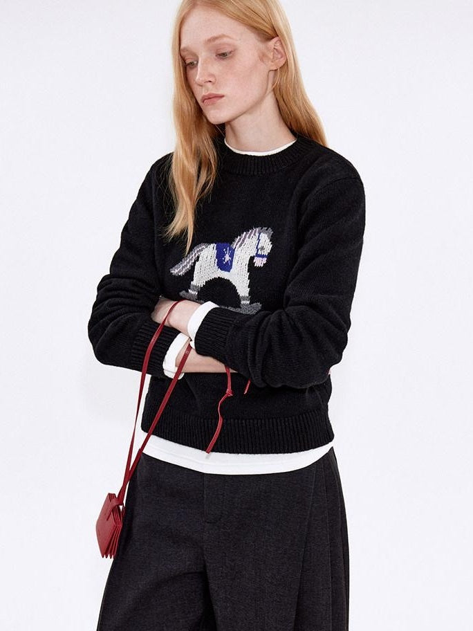 fano Cozy Acrylic Wool Blend Loose Pullover Crewneck Cute Animal Black Sweaters