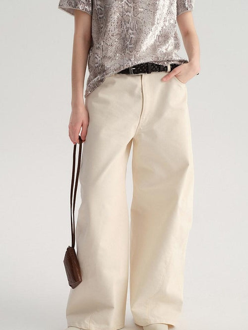 audreyyang High Waist Cotton Pockets Casual Loose Solid Straight Fit Women Wide Leg Pants