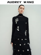 audreyyang Slim Minimal Office Crew Neck Long Sleeve Acetate Blend Black Cropped Jackets