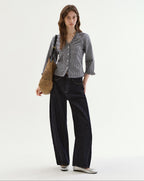 fano Warm Cotton V-neck Tie Slim Minimal 3 4 Sleeve Blue White Check Work Blouses