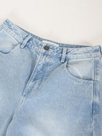 audreyyang High Waist Water Washed Light Blue Zipper Fly No Stretch Women Wide Leg Jeans