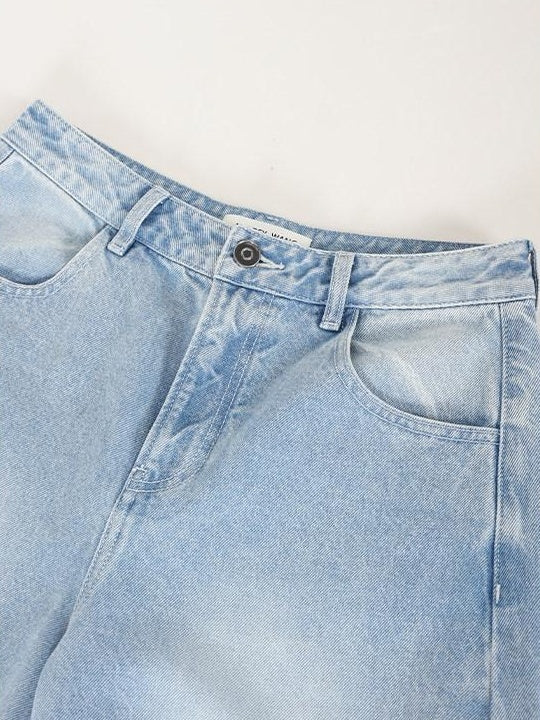 audreyyang High Waist Water Washed Light Blue Zipper Fly No Stretch Women Wide Leg Jeans