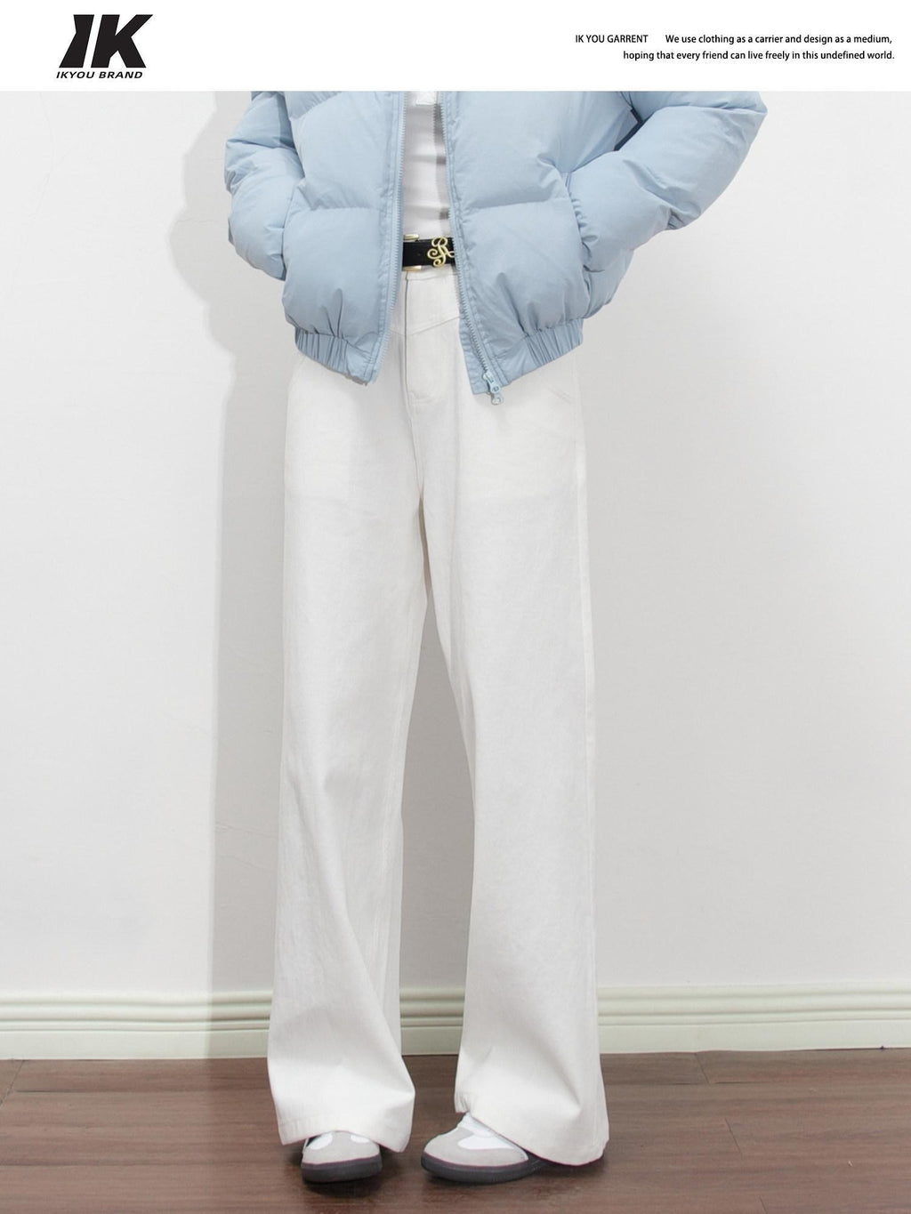 ikyou High Waist Loose Straight Colorfast White Denim Cotton Wide Leg Jeans