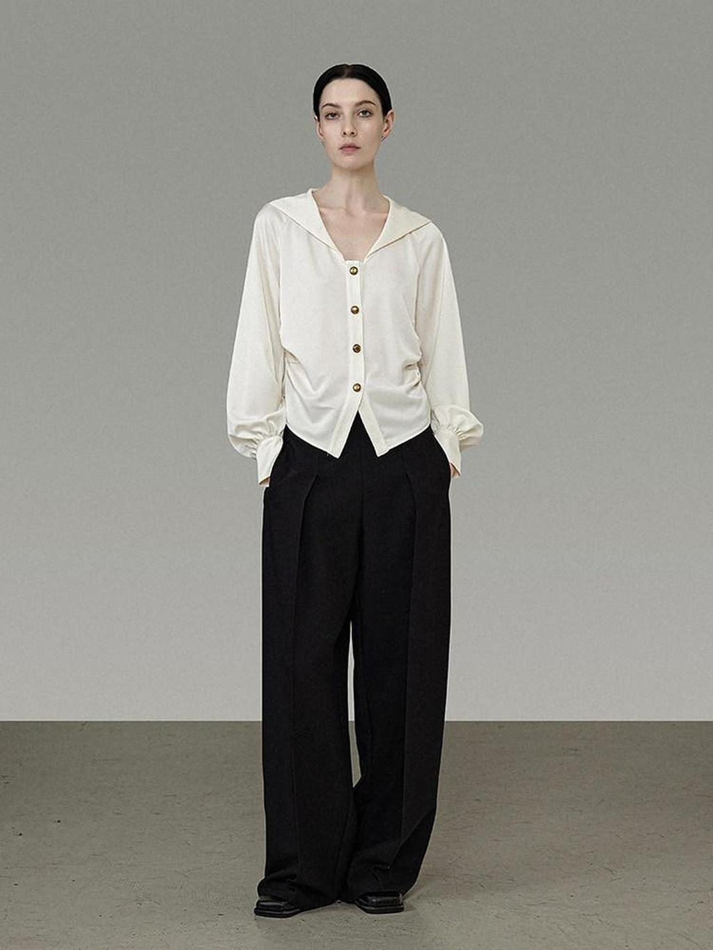 unspoken Cream Polyester Sailor Collar Button Front Loose Fit Office Minimalist Blouses