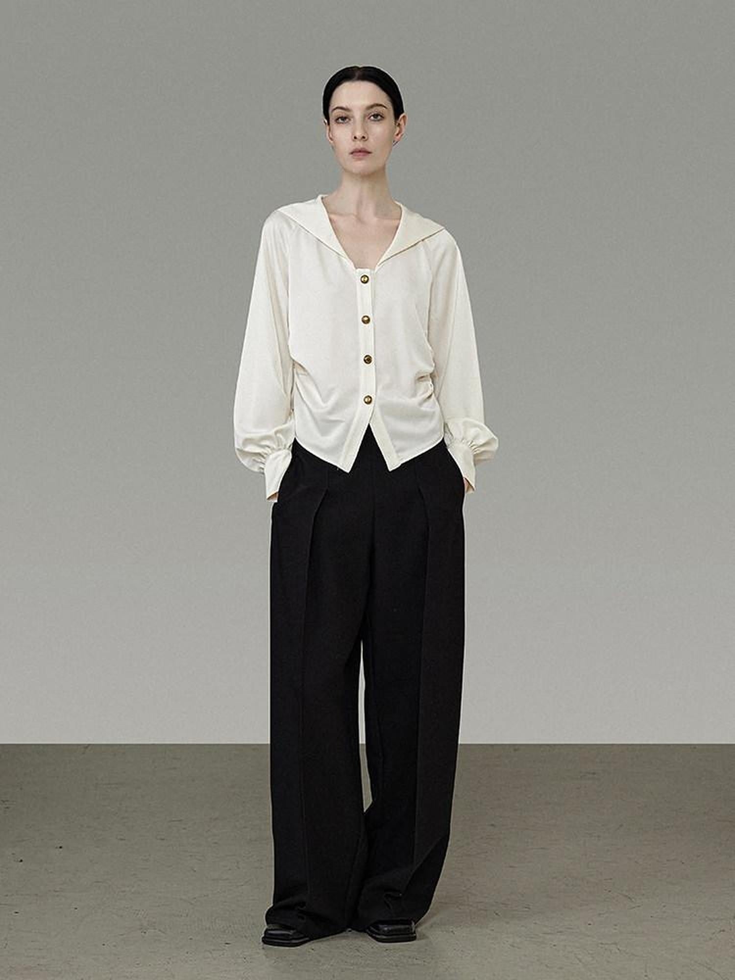 unspoken Cream Polyester Sailor Collar Button Front Loose Fit Office Minimalist Blouses