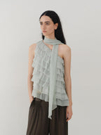 someonesometimes Sheer Mesh Wave Tie Lightweight Workwear Women Mint Green Off Shoulder Crop Tops