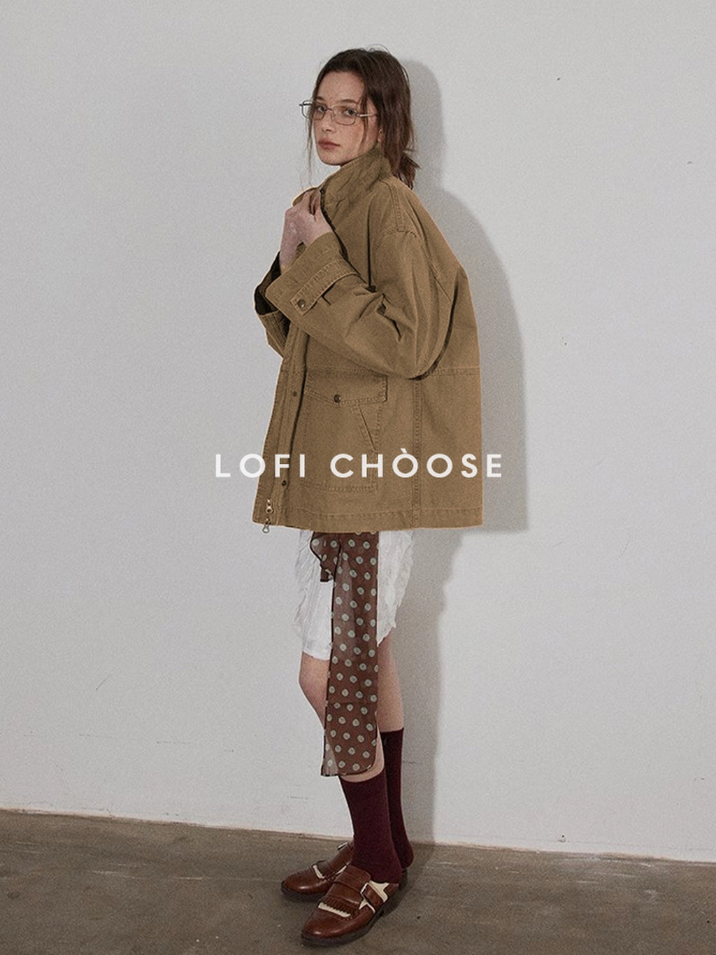 Lofi choose Airy Loose Fit Commuter Lapel Button Longsleeve Solid Khaki Cropped Jackets