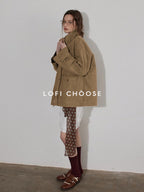 Lofi choose Airy Loose Fit Commuter Lapel Button Longsleeve Solid Khaki Cropped Jackets