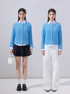 ikyou Soft Cotton Blend Preppy Regular Button Front Blue Casual Women Logo Cardigans