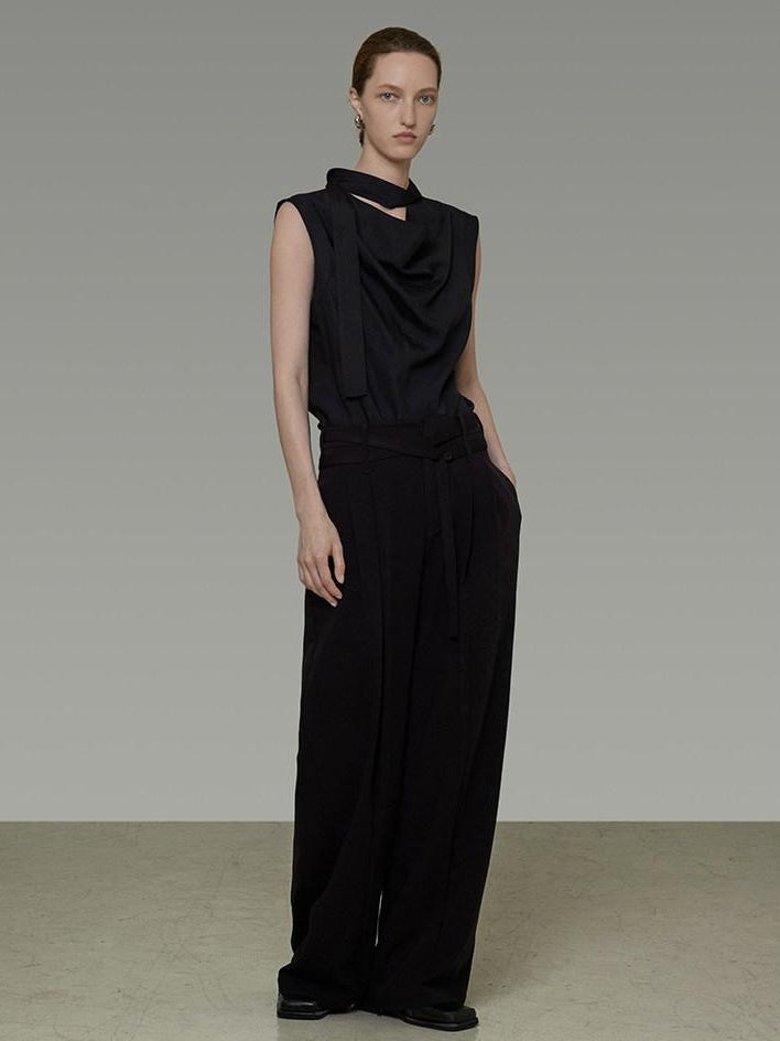 unspoken Breathable Viscose Tie Neck Sleeveless Loose Commuter Chic Women Black Blouses