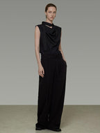 unspoken Breathable Viscose Tie Neck Sleeveless Loose Commuter Chic Women Black Blouses