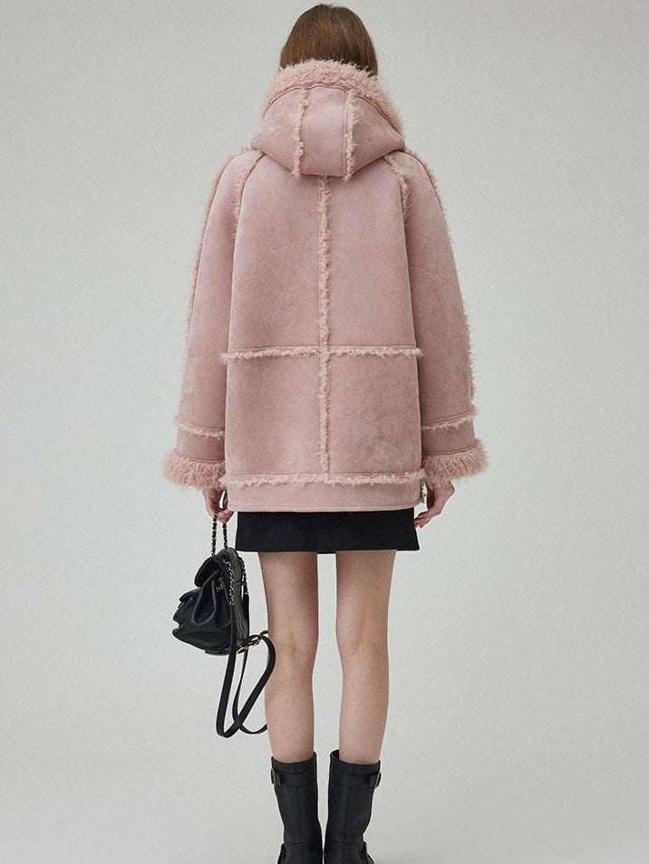fano Warm Wool Blend Hooded Loose Patchwork Womens Commuter Long Coats