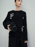 audreyyang Slim Minimal Office Crew Neck Long Sleeve Acetate Blend Black Cropped Jackets