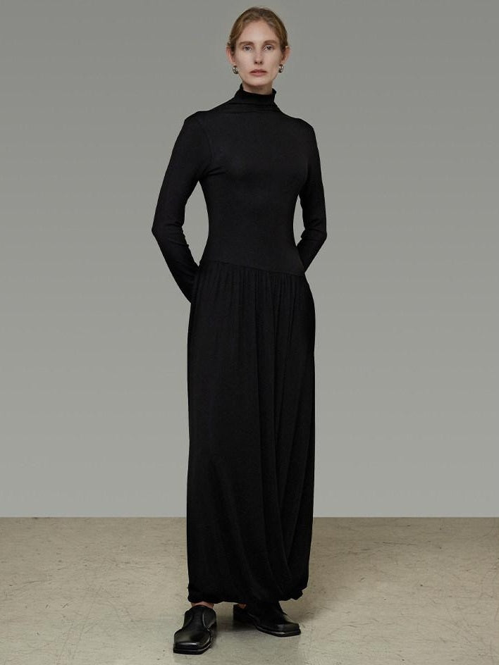unspoken Modal Knit Turtleneck Slim Waist Long Sleeve City Workwear Black Maxi Dresses