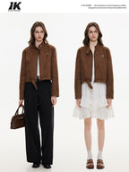 ikyou Durable Vintage Slim 3D Embellished Stand Collar Zip Brown Women Cropped Jackets