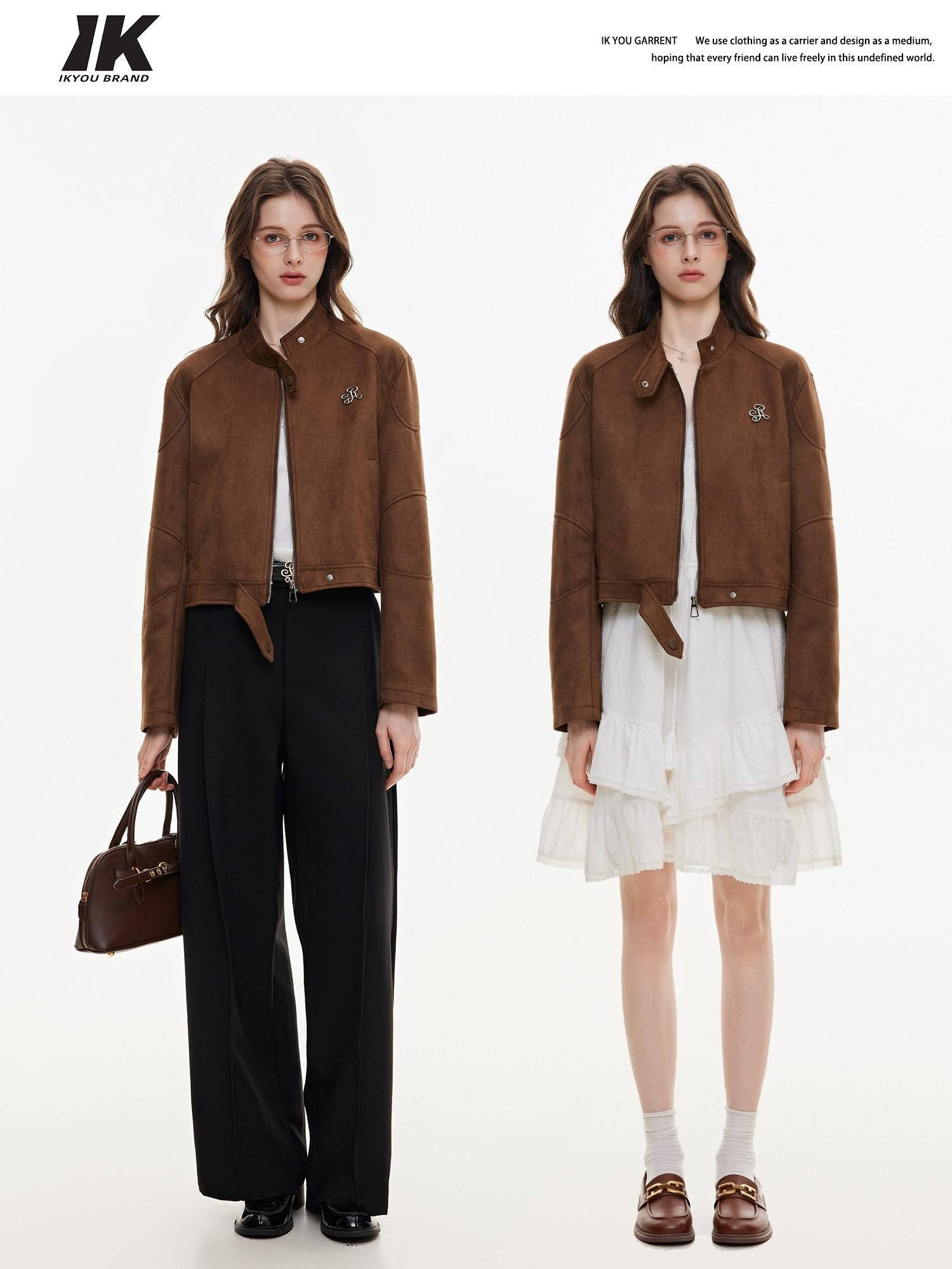 ikyou Durable Vintage Slim 3D Embellished Stand Collar Zip Brown Women Cropped Jackets