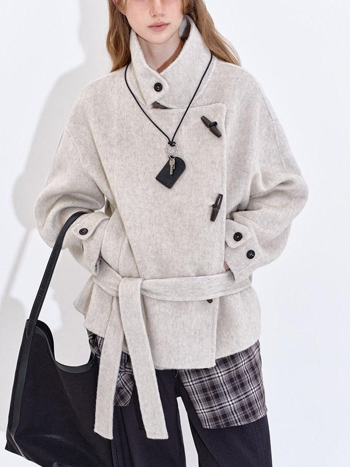 fano Wool Blend Korean Commuter Relaxed Fit Notched Collar Light Grey Short Coat