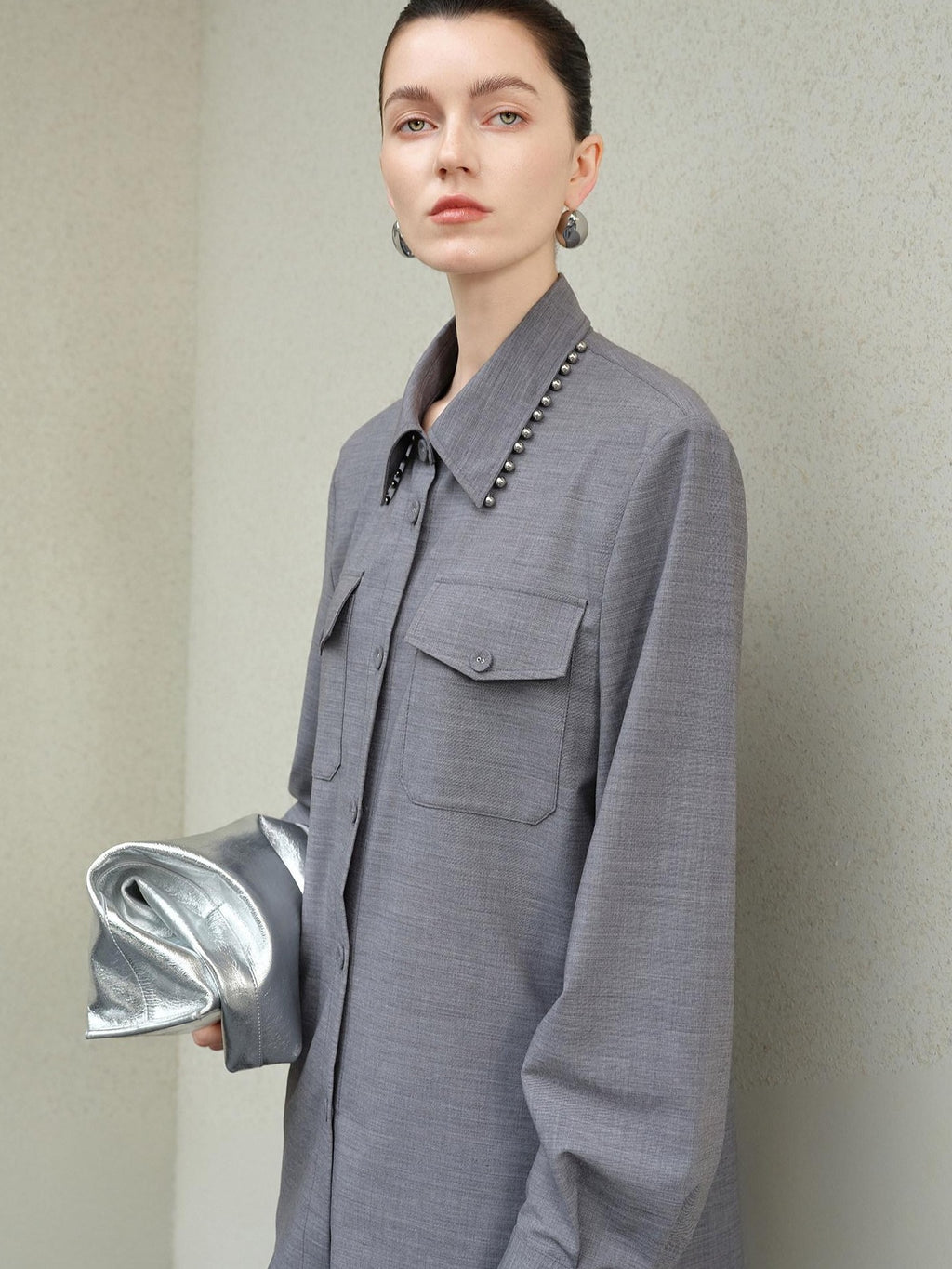 Original Loose Lapel Long Sleeve Open Front Patch Pocket Women Solid Blouses