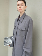 Original Loose Lapel Long Sleeve Open Front Patch Pocket Women Solid Blouses