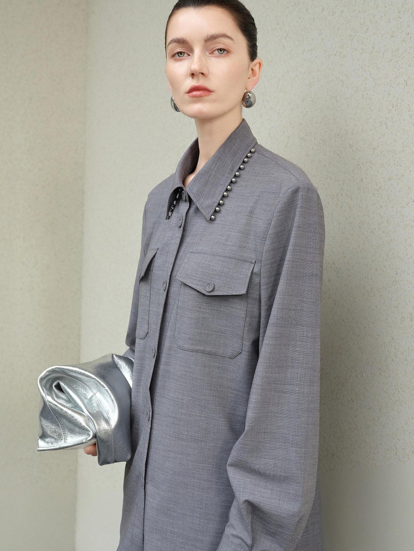 Original Loose Lapel Long Sleeve Open Front Patch Pocket Women Solid Blouses