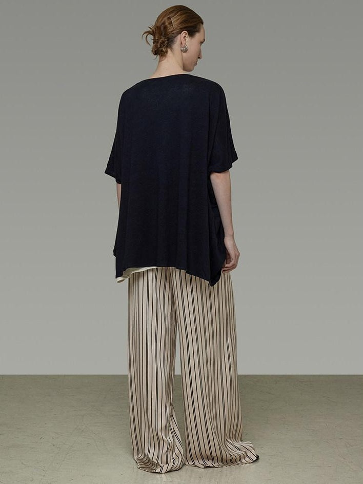 unspoken Minimalist High Waist Elastic Office Loose Striped Polyester Wide Leg Pants