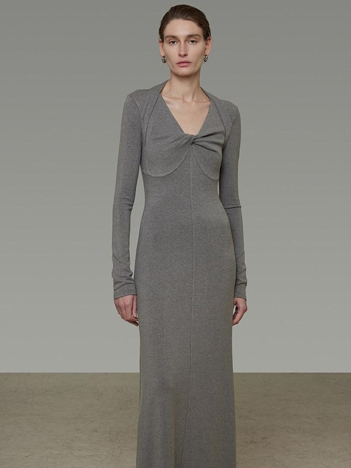 unspoken Soft Breathable Vneck Longsleeve Waist Cinch Viscose Knit Maxi Dresses