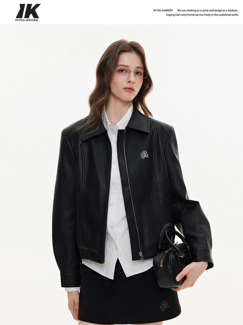 ikyou Glossy Slim Fit Androgynous Pu Black Short Lapel Zipper Daily Leather Jackets