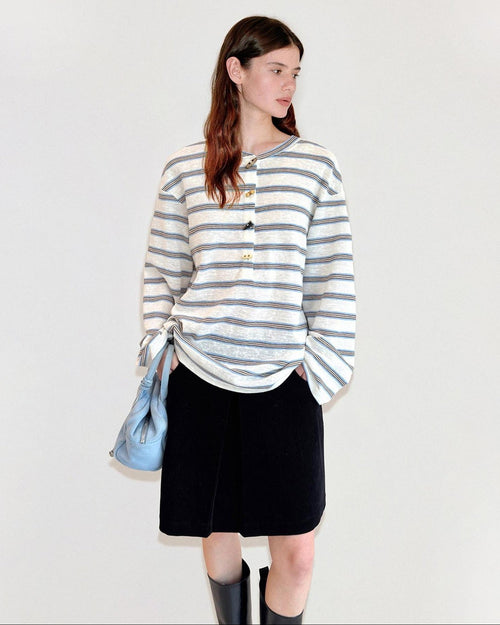 fano Cotton Blend Relaxed Loose Round Neck Women Striped Long Sleeve T-Shirts