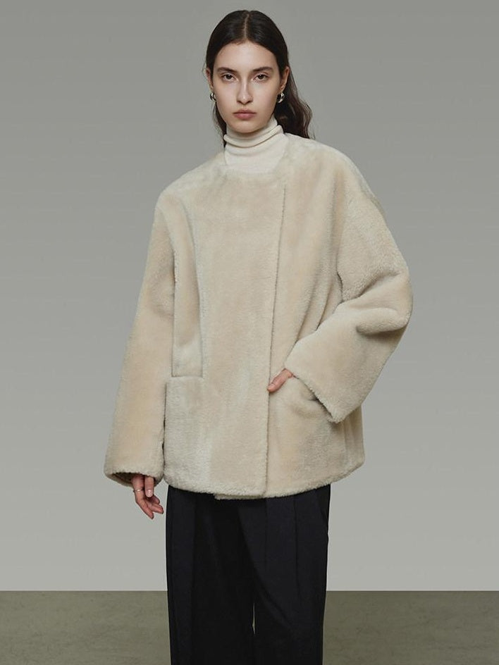 unspoken Warm Cream Collarless Minimalist Relaxed Fit Women Polyester Short Coat